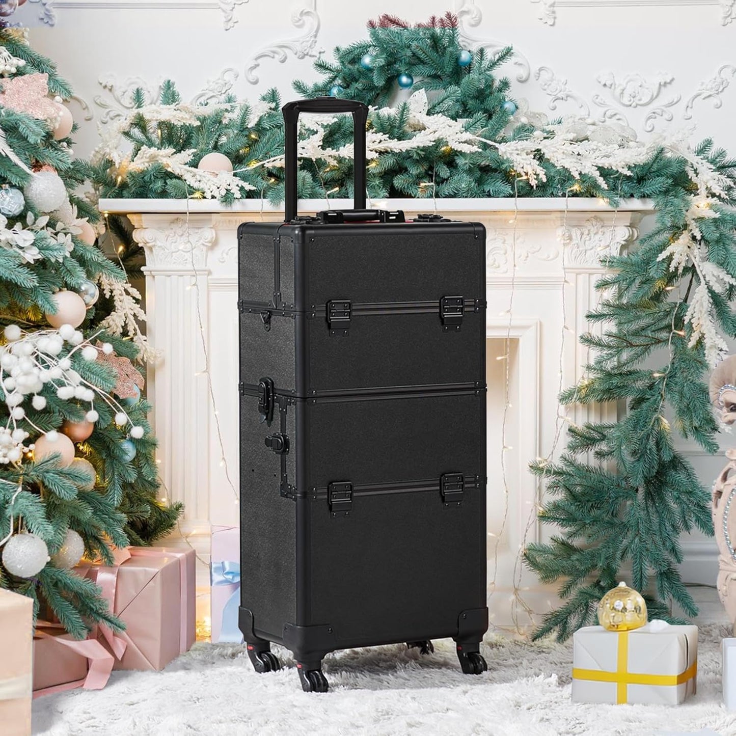 Makeup Train Case 3 in 1 Professional Cosmetic Trolley Multi-Functional Organizers Large Storage Traveling Cart Trunk for Nail Tech - Black